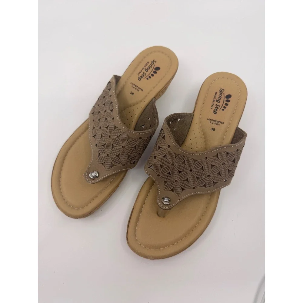 Spring Step Womens Tan Leather Laser Cut Floral Wedge Thong Sandal Made in Italy